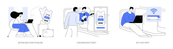 Набор абстрактных векторных иллюстраций для шины на большие расстояния. Покупка билетов на междугородние автобусы онлайн, проверка инспектором электронного билета на автобус, точка доступа Wi-Fi, услуги городского транспорта абстрактная метафора.