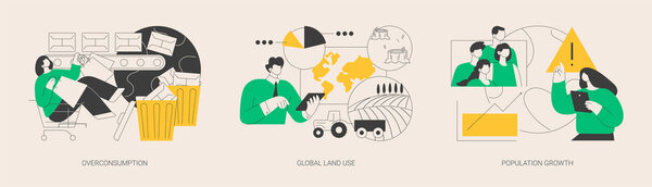 Global environmental data abstract concept vector illustration set. Overconsumption, global land use, population growth, overpopulation problem, consumer society, urbanization abstract metaphor.