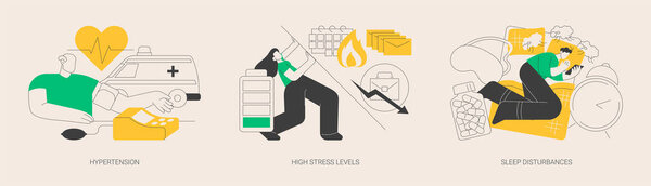 Проблемы городского здоровья Абстрактный набор векторных иллюстраций концепции. Гипертония, высокий уровень стресса, нарушения сна, тревожность и депрессия, цифровая перегрузка, лечение бессонницы абстрактная метафора.