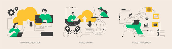 Набор абстрактных векторных иллюстраций облачных сервисов. коллаборация, платформа онлайн-игр, системное управление, хранение данных, потоковое видео и файлы, удаленный бизнес..