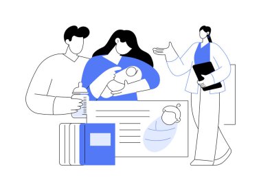 Bebek bakımı konsept vektör çizimi için temel beceriler. Gelecekteki ebeveynler hamilelik kurslarında bebek bakımı, yeni doğan geğirmeleri, ilk kez anne ve baba soyut metaforu..