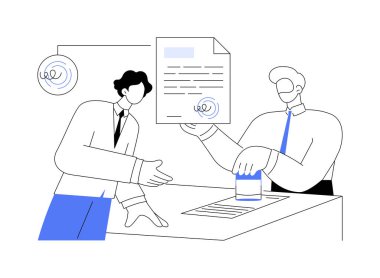 Ehliyet al ve soyut konsept vektör çizimi için izin al. Mühür sahibi iş adamı ticari kayıt, devlet hizmetleri, şirket oluşturma süreci soyut metaforla ilgilenir.