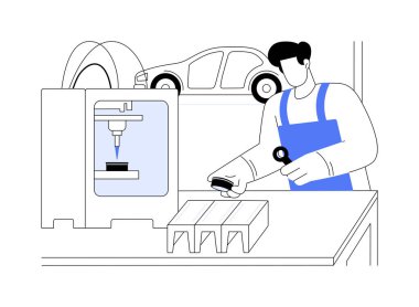 3D baskılı otomotiv parçaları soyut konsept vektör çizimi. Otomotiv detaylarını elinde tutan profesyonel mühendis, 3D baskı endüstrisi, bilişim teknolojisi, araba üretimi soyut metaforu.