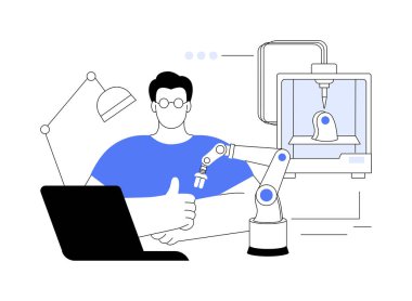 Robot konsept vektör illüstrasyonunda 3D yazıcılar. Profesyonel mühendis, 3D baskı modeli, modern bilişim teknolojisi, soyut metafor üreten robotlar üretiyor..