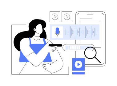 Ses araması soyut konsept vektör çizimi. Telefonu tutan ve konuşma tanıma uygulaması kullanan kadın, bilişim teknolojisi, veri transferi, büyük veri, makine öğrenme endüstrisi soyut metafor.