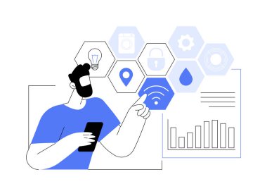 Aygıt kontrolü soyut konsept vektör çizimi. Adam telefonu uygulama kontrolü, bilişim teknolojisi, veri transferi, büyük veri, makine öğrenme, konuşma tanıma metaforu ile tutuyor.