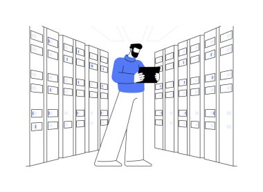 Büyük veri deposu soyut konsept vektör çizimi. Veri depolama, bilgi işleme, makine öğrenme endüstrisi, ağ güvenliği soyut metaforu üzerinde çalışan bilişim mühendisi.