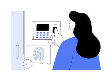 Biyometrik parmak izi soyut konsept vektör çizimi. Kadın parmak izi tarayıcısı, kimlik doğrulama fikri, modern iş teknolojisi, güvenlik biyometrik korunma soyut metaforu kullanıyor.