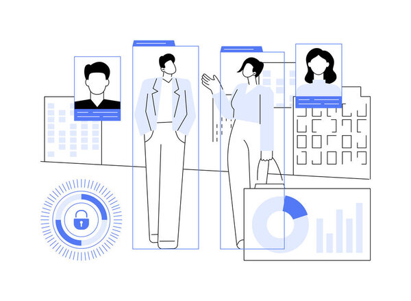 Компьютерное зрение абстрактная концептуальная векторная иллюстрация. Группа различных людей, идентифицирующих с помощью компьютерных технологий, IoB промышленности, комбинировать и обрабатывать данные, машинное обучение абстрактной метафоры.