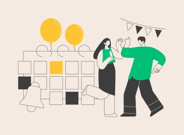 Olaylar soyut konsept vektör çizimi. Kurumsal olaylar, olay takvimi, bildirim, web sitesi menü çubuğu, UI ögesi, iş toplantısı, ticari sergi, takvim soyut metaforu.