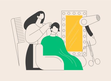 Kuaför salonu soyut konsept vektör çizimi. Kuaför, saç stili, kadın güzellik salonu, profesyonel aletler ve kozmetik, güzel saç stili, soyut metafor..