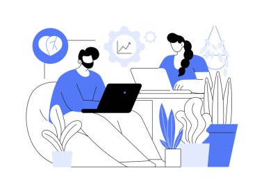 Biyofilik ofis karikatür vektör çizimlerini izole etti. Doğal çevrede çalışan çeşitli insanlar. Akıllı ofis, modern işyeri, birçok bitki, dikey bahçe vektör karikatürü..