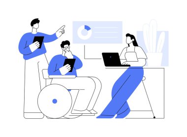 Özel ofis karikatür vektör çizimleri. Engelliler için modern işyeri, erişilebilir çevre vektörü karikatürü gibi akıllı ve kapsayıcı bir ofiste çalışan çeşitli insanlardan oluşan bir grup..