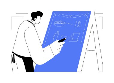 Günün tabağı soyut konsept vektör çizimi. Gülümseyen restoran garsonu karatahtaya özel teklif, servis sektörü, horeca işi, öğle yemeği menüsü soyut metaforu hakkında yazıyor..