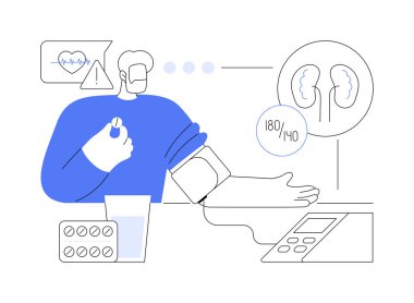 Yüksek tansiyon tedavisi soyut konsept vektör çizimi. Adam yüksek tansiyon için hap alıyor, masadaki tonometre, böbrek bakımı, nefroloji sektörü, hipertansif yetişkin soyut metaforu..