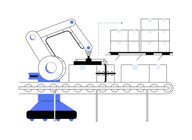 Robotları palletizan soyut konsept vektör çizimi. Endüstriyel robotlar kutuları yükleyip boşaltıyorlar, modern teknoloji, paketleme süreci, dağıtım fikri soyut metaforu.