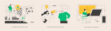 Engelliler için iletişim teknolojisi soyut konsept vektör illüstrasyon seti. Körlük ve görme kaybı, sağırlık, elektronik cihaz erişilebilirliği, duyma sorunu soyut metaforu.
