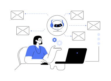 Soyut konsept vektör illüstrasyonunu e-posta ile işlemek. Kadın, iş süreçlerini soyut mecazlarla otomatikleştirmek için otomatik e- posta gönderme ve alma, makine öğrenme ve yazılımla ilgilenir..