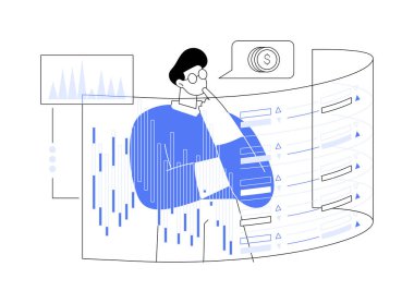 Yüksek frekanslı ticaret soyut konsept vektör çizimi. Kendinden emin tüccar izleme numaraları ve grafikleri, analiz ve hareket veriler, algoritmik ticaret, kuantum hesaplama soyut metaforu.