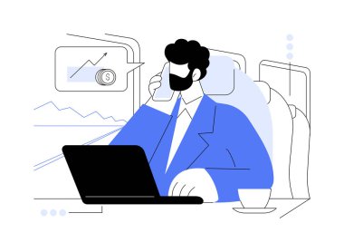 Tren soyut konsept vektör çizimi üzerinde çalışıyorum. Yüksek hızlı trende akıllı telefondan konuşan meşgul bir adam, birinci sınıf seyahat, soyut ulaşım metaforunda kablosuz bağlantı.