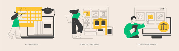 Public school abstract concept vector illustration set. K-12 program, school curriculum, course enrollment, learning calendar, education plan, degree program, new student abstract metaphor.