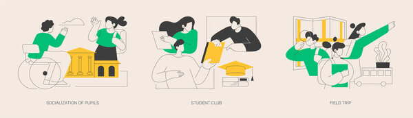 Школьная среда абстрактная концепция векторной иллюстрации. социализация учащихся, студенческий клуб, экскурсия, внешкольная деятельность, ассоциация колледжей, социальное взаимодействие абстрактная метафора.