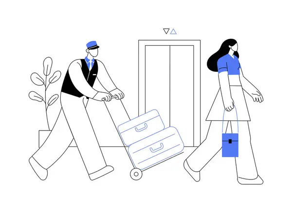 波特服务的抽象概念向量说明 波特服务人员载着旅客旅行箱 商务舱旅行 使旅行变得容易 客人问候抽象比喻 — 图库矢量图片