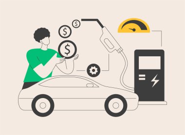 Yakıt ekonomisi soyut konsept vektör çizimi. Benzin tüketimi, yakıt tasarrufu, verimli yeşil çevre dostu motor, benzin istasyonu, el dolumu, bagaj göstergesi, hibrit elektrikli araba soyut metaforu.