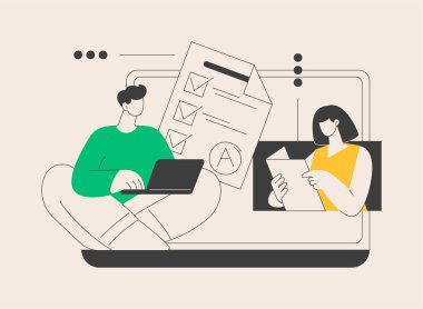 Çevrimiçi öğretmen ya da soyut konsept vektör çizimi. Talep ödevinde, öğretmenler çevrimiçi, ev okulu, kişisel öğrenim, video çağrısı, webinar izleme, not yazma, sınav soyut metaforu için hazırlık.