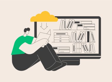 E-kütüphane soyut konsept vektör çizimi. Dijital öğrenme, çevrimiçi veritabanı, içerik deposu, web araması, kitap okuyucu, İnternet eğitimi, ekranda kitaplık, web arşivi soyut metafor.