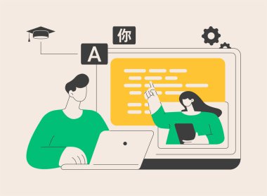 Yabancı dil atölyesi soyut konsept vektör çizimi. Yabancı dil öğrenme grubu, anadil konuşma kursu, profesyonel çevirmen, kolay İngilizce, çevrimiçi eğitim soyut metafor.