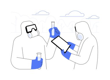 Biyolojik tehlike soyut konsept vektör örnekleme. Koruyucu giysili adamlar biyolojik tehlike sızıntısı, ekosistem kirliliği, ekolojik felaket, çevresel problem soyut metaforu örnekliyor..