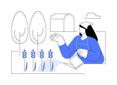 Agroestry soyut konsept vektör çizimi. Ağaçlar ve ekinler yetiştiren çeşitli çiftçiler, sürdürülebilir tarım, hassas tarım, tarım sistemi soyut metafor.