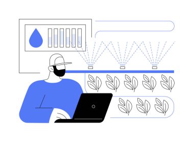 Damlatma, soyut konsept vektör çizimi. Laptop kontrollü çiftçi sulama seviyesi, tarım endüstrisi, sürdürülebilir tarım, hassas tarım soyut metaforu.