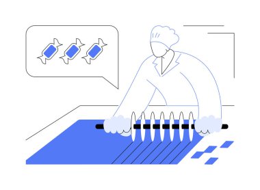 Şekerleme soyut konsept vektör çizimi. Üniformalı şekerlemeci fabrikada şeker kesiyor, tatlı üretiyor, şeker üretiyor, çikolata soyut metaforuyla çalışıyor..