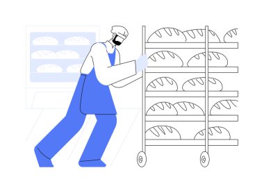 Ticari ekmek pişirme soyut konsept vektör çizimi. Satılık ekmek pişiren işçiler, gıda endüstrisi, un ürünleri imalatı, iş sektörü, soyut ekmek metaforu yapan işçiler..
