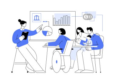 Finansal yardım, soyut konsept vektör çizimlerini hesapla. Hükümet temsilcileri vatandaşlara yapılan mali yardımı, sosyal güvenliği, aile yardımlarını soyut metaforu hesaplıyor.