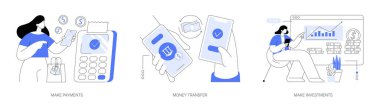 Bankacılık uygulaması karikatür vektör çizimleri ayarlandı. Akıllı telefon, para transferi bankacılık servisi, paylaşımcı ağ, para yatırımı ve ticari vektör karikatürü ile dijital ödeme yapın.