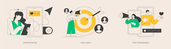 Цифровой маркетинговый абстрактный набор векторных иллюстраций. Перекрестная публикация, поиск лидеров, пост-вовлечение, обмен ссылками в социальных сетях, взаимодействие, новый клиент, smm и метафора.