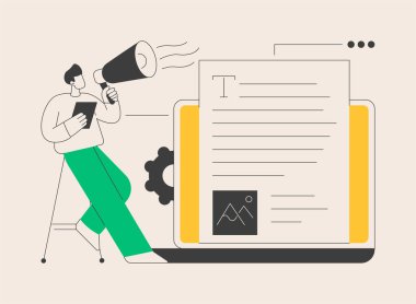 Soyut konsept vektör illüstrasyonu yazıyor. Metin yazarlığı, reklam kampanyası, serbest yazarlık, reklam seosu, dijital pazarlama, şirket web sitesi, menü elemanı tasarımı soyut metafor.
