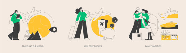 Holiday trip abstract concept vector illustration set. Traveling the world, low cost flights, family vacation, airport timetable, buy cheap ticket online, travel blog, adventure abstract metaphor.