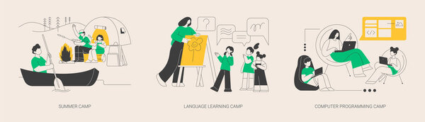 Набор абстрактных концептуальных векторных иллюстраций летнего лагеря. Лагерь изучения языков, компьютерное программирование и киберобразование, носитель английского языка, инженерное и робототехническое программное обеспечение..