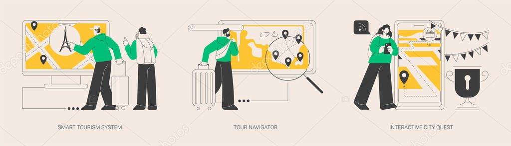 Travel experience abstract concept vector illustration set. Smart tourism system, tour navigator, interactive city quest, holiday planner, sightseeing tour, urban park, museum abstract metaphor.