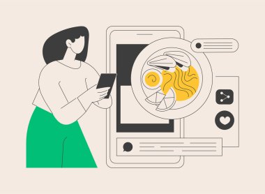 Gıda blogunda soyut konsept vektör çizimi. Gıda avcısı incelemesi, iştah açıcı fotoğraflar, sosyal medya, takipçileri, blog paylaşımını, çevrimiçi aşçılığı, yayın, sokak yemekleri soyut metaforu.
