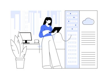 Veri tabanı ağ altyapısı soyut konsept vektör çizimi. Veri tabanındaki anahtar ve yönlendiricileri kontrol eden profesyonel bilişim mühendisi, akıllı iş teknolojisi soyut metaforu.