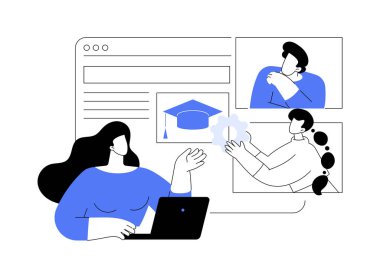 Öğrenci sohbeti karikatür vektör çizimleri. Kız, meslektaşlarını video konferansında karşılıyor, öğrenci arkadaşları sohbet ediyor, online derece, uzaktan öğrenme, sanal eğitim vektör karikatürü.