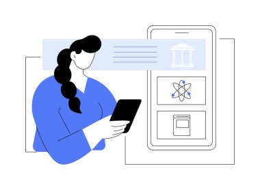 Uygulama izole edilmiş çizgi film vektör çizimleri öğreniliyor. Telefonu tutan ve öğrenme uygulaması kullanan kız, çevrimiçi derece, sanal eğitim, esnek program, bilgi vektörü karikatürü alma.