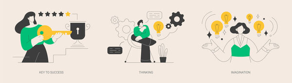 Набор абстрактных векторных иллюстраций личностного и профессионального роста. Ключ к успеху, мышлению и воображению, мозговой штурм, идея и фантазия, мотивация и вдохновение абстрактная метафора.