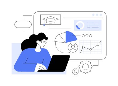 Çevrimiçi MBA karikatür vektör çizimlerini izole etti. Bilgisayarlı konsantre bir kız MBA kursu, işletme yönetimi ve işlemleri, sanal eğitim, uzaklık öğrenme vektör karikatürü alıyor..