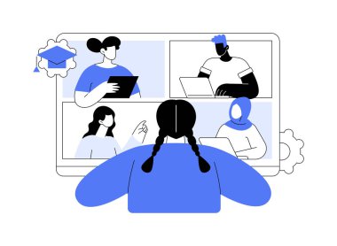 Ana konuşmacı karikatür vektör çizimlerini izole etti. Ana dili konuşan, yabancı dil öğrenen, çok kültürlü online toplantı, sanal eğitim vektör karikatürü yapan bir kız..